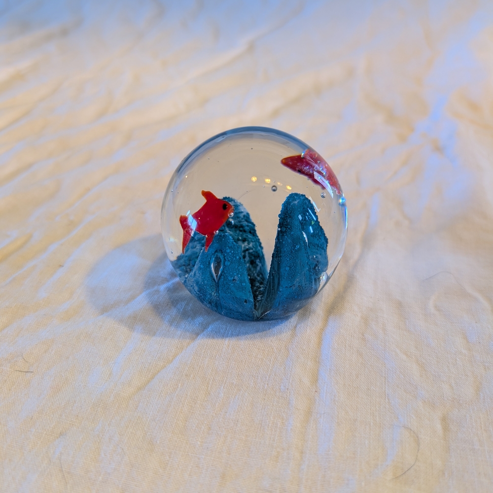 2/50$ Vintage Blue Aquatic Glass Paperweight with Red Fish